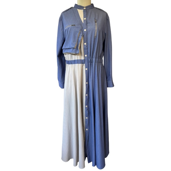 JUMP EUC Lightweight Blue Denim and Creamy Gray Utility Style Colorblock Dress - Picture 2 of 12